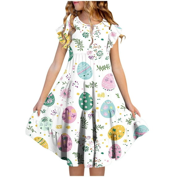 SGFCWSX Girls Flutter Sleeve Dress Tiered Ruffle Hem Easter Bunny Egg Print Crew Neck Summer Dresses for Kids Multicolor Size 10-11 Years