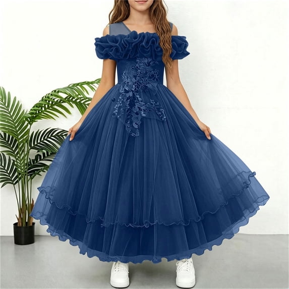 SGFCWSX Girls Formal Dress Off Shoulder Ruffle Tulle Ball Gown Lace Appliques Floor Length Wedding Flower Girl Birthday Dresses Navy Size 7-8 Years