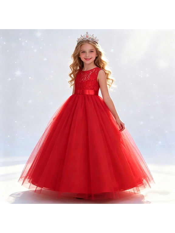 Girls Formal Dress Sleeveless Lace Bodice Tulle Floor Length Birthday Pageant Evening Gown Red Size 11-12 Years