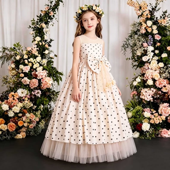 SGFCWSX Girls Formal Dress Sleeveless Polka Dot Bow Tulle Birthday Pageant Party Maxi Dress Beige Size 12-13 Years