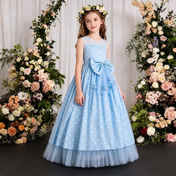 SGFCWSX Girls Formal Dress Sleeveless Polka Dot Bow Tulle Birthday Pageant Party Maxi Dress Blue Size 11-12 Years