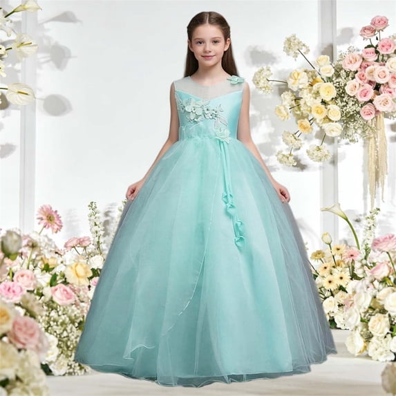 SGFCWSX Girls Formal Pageant Dress Sleeveless Floral Applique Tulle Floor-Length Wedding Party Gown Green Size 15-16 Years