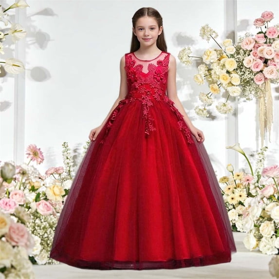 SGFCWSX Girls Formal Pageant Dress Sleeveless Lace Applique Tulle Long A-Line Wedding Party Dresses Red Size 9-10 Years