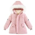 thumbnail image 1 of SGFCWSX Girls Furry Hooded Mid-Length Puffer Coat Kids Winter Warm Jacket with Pockets Pink Size 5 Years, 1 of 9