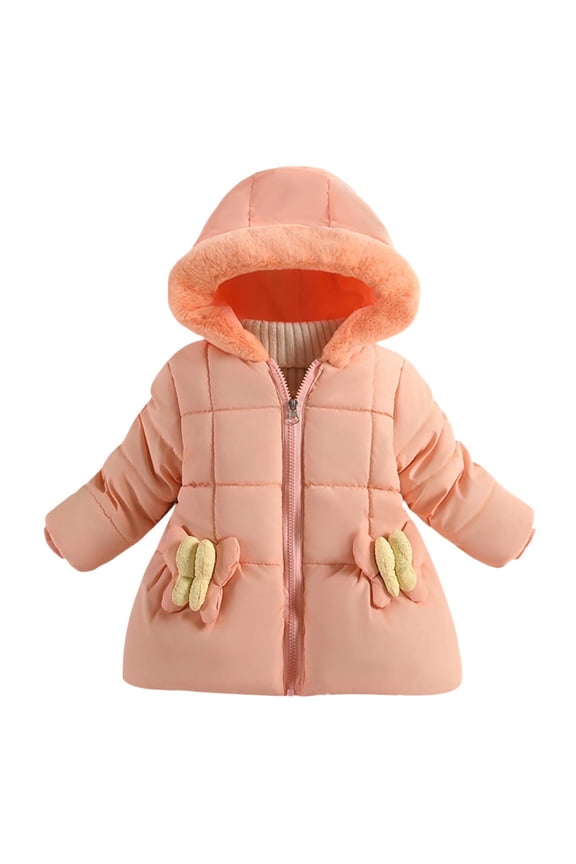 Girls Furry Hooded Puffer Coat Kids Warm Quilted Winter Jacket Orange Size 1 Years