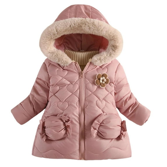 SGFCWSX Girls Furry Hooded Puffer Coat Kids Warm Winter Quilted Jacket with Bow Pockets Pink Size 4 Years