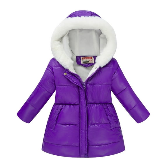 SGFCWSX Girls Furry Hooded Puffer Coat with Waistband Kids Fleece Lined Warm Winter Jacket Purple Size 11-12 Years