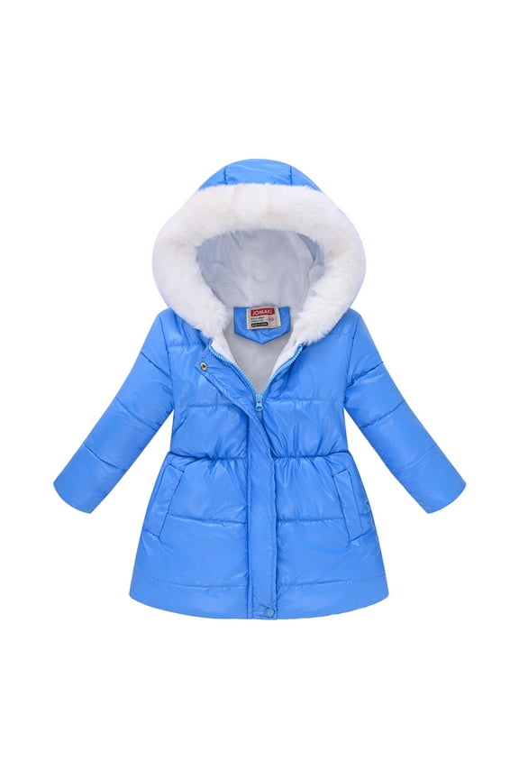 Girls Furry Hooded Puffer Coat with Waistband Kids Warm Fleece Lined Winter Jacket Blue Size 9-10 Years