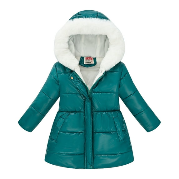 SGFCWSX Girls Furry Hooded Puffer Coat with Waistband Kids Warm Winter Fleece Lined Jacket Mint Green Size 4-5 Years