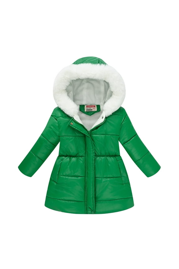 Girls Furry Hooded Puffer Coat with Waistband Kids Winter Fleece Lined Warm Jacket Green Size 7-8 Years