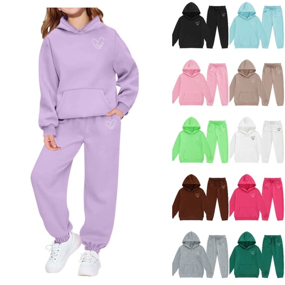 SGFCWSX Girls Heart Print 2 Piece Outfit Hoodie and Sweatpants Set for Kids Warm Casual Fleece Tracksuit Purple Size 7-8 Years