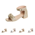 thumbnail image 1 of SGFCWSX Girls Heel Sandals Glitter Bow Ankle Strap Low Block Heel Open Toe Rhinestone Accent Dress Sandals for Pageant Party Wedding Use Gold Size 1.5 Big Kids, 1 of 10
