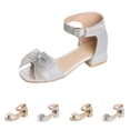 thumbnail image 1 of SGFCWSX Girls Heel Sandals Glitter Mesh Bow Ankle Strap Low Block Heel Open Toe Rhinestone Accent Dress Sandals for Pageant Party Use Silver Size 13 Little Kids, 1 of 10