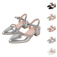 thumbnail image 1 of SGFCWSX Girls Heel Sandals Slingback Pointed Toe Rhinestone Strap Ankle Strap Low Block Heel Dress Sandals for Wedding Daily Wear Silver Size 1.5 Big Kids, 1 of 7