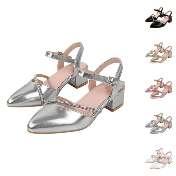 SGFCWSX Girls Heel Sandals Slingback Pointed Toe Rhinestone Strap Ankle Strap Low Block Heel Dress Sandals for Wedding Daily Wear Silver Size 1.5 Big Kids