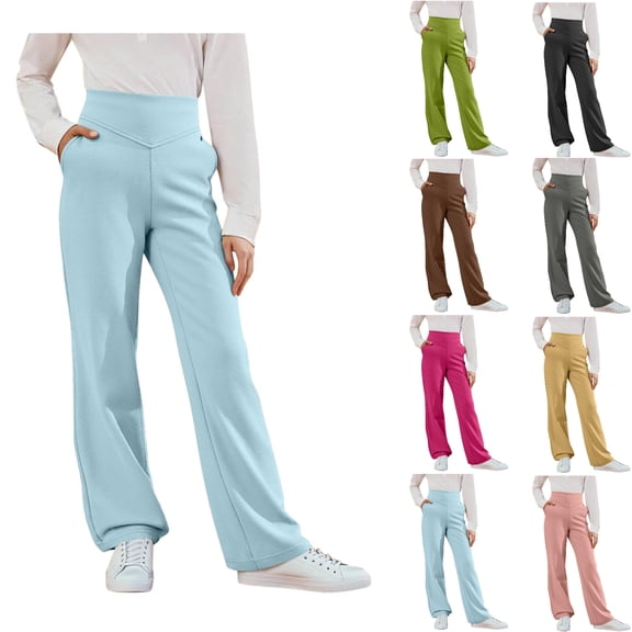 SGFCWSX Girls High-Waisted Wide-Leg Pants, Kids Uniform Pants Comfortable Daily School Elastic Waist Trousers Light Blue Size 5-6 Years