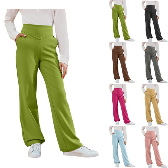 SGFCWSX Girls High-Waisted Wide-Leg Pants, Kids Uniform Pants Elastic Waist Daily School Comfortable Trousers Army Green Size 14-15 Years