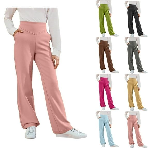 SGFCWSX Girls High-Waisted Wide-Leg Pants, Kids Uniform Pants School Comfortable Elastic Waist Daily Trousers Pink Size 9-10 Years
