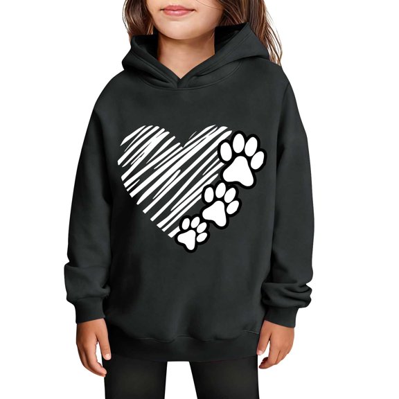 SGFCWSX Girls Hooded Sweatshirts Heart Print Hoodies for Kids Long Sleeve Fleece Casual Warm Pullover Tops Black Size 4-5 Years