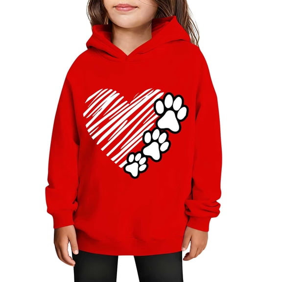 SGFCWSX Girls Hooded Sweatshirts Heart Print Hoodies for Kids Warm Long Sleeve Casual Fleece Pullover Tops Red Size 4-5 Years