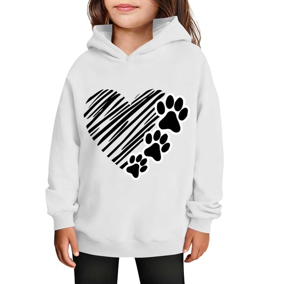 SGFCWSX Girls Hooded Sweatshirts Heart Print Hoodies for Kids Warm Long Sleeve Casual Fleece Pullover Tops White Size 3-4 Years