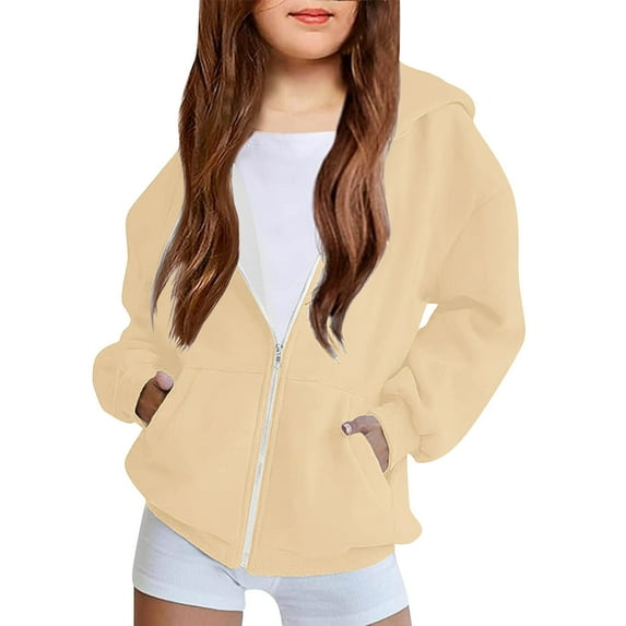 SGFCWSX Girls Hooded Sweatshirts Kids Fleece Hoodie Full Zip with Pockets Solid Color Casual Top Beige Size 7 Years