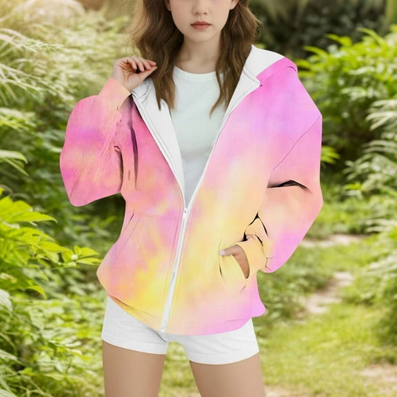 SGFCWSX Girls Hooded Sweatshirts Soft Zip Up Hoodie Kids Tie Dyeing Gradient Sweatshirt Jacket Hot Pink Size 10-11Years