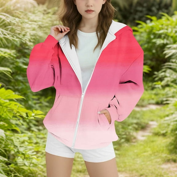 SGFCWSX Girls Hooded Sweatshirts Zip Up Graphic Hoodies Kids Cute Gradient Sweatshirt Jacket Pink Size 6-7Years