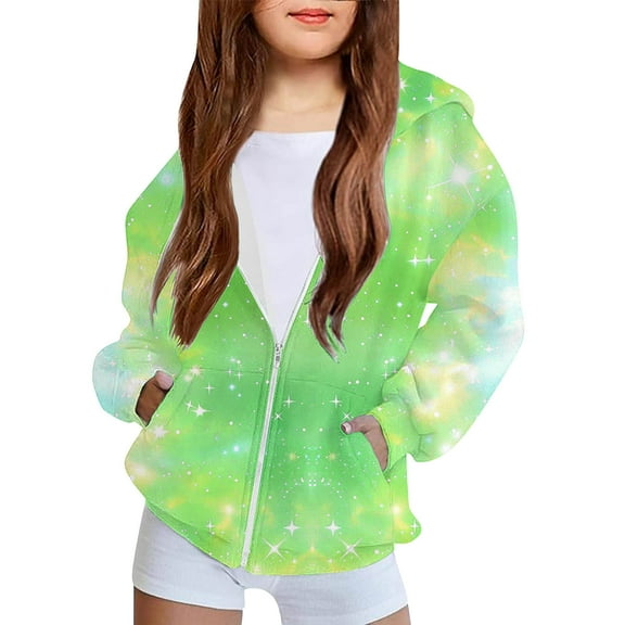 SGFCWSX Girls Hooded Sweatshirts Zip Up Hoodie Kids Fashion Print Sweatshirt Jacket Green Size 5 Years