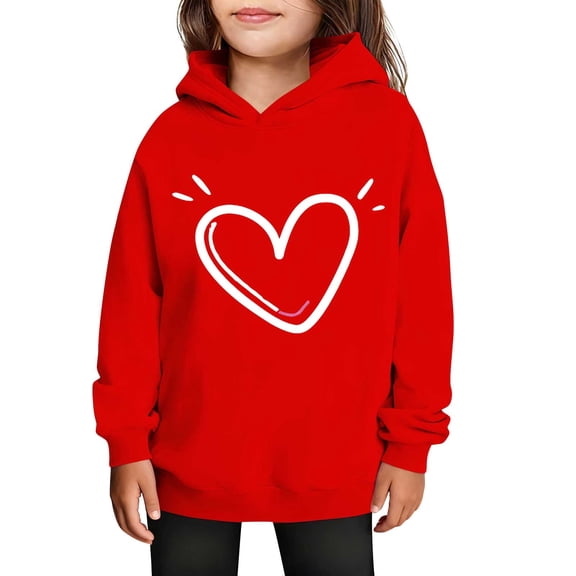 SGFCWSX Girls Hoodies Heart Print Sweatshirt for Kids Fashion Long Sleeve Hooded Warm Pullover Tops Red Size 3-4 Years