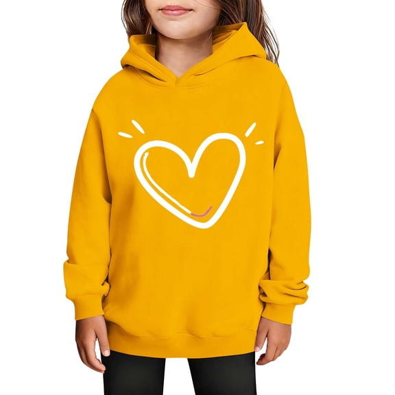 SGFCWSX Girls Hoodies Heart Print Sweatshirt for Kids Fashion Warm Hooded Long Sleeve Pullover Tops Yellow Size 4-5 Years