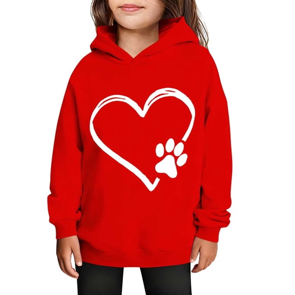 SGFCWSX Girls Hoodies Heart Print Sweatshirt for Kids Soft Long Sleeve Hooded Pullover Tops Red Size 4-5 Years