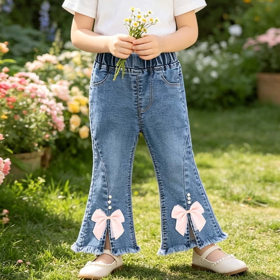 SGFCWSX Girls Jeans Bow Flare Bell Bottom Pearl Elastic Waist Vintage Denim Pants Trousers for Kids Blue Size 12 Months