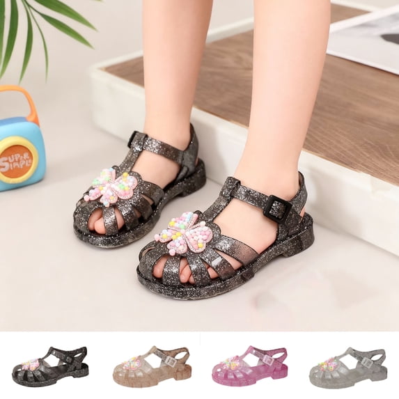 SGFCWSX Girls Jelly Sandals Glitter Closed Toe Butterfly Decor Adjustable Ankle Strap Flat Soft Sole Summer Beach Casual Sandals Black Size 11 Little Kids