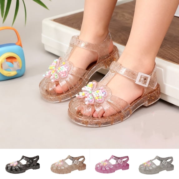 SGFCWSX Girls Jelly Sandals Glitter Closed Toe Butterfly Decor Adjustable Ankle Strap Flat Soft Sole Summer Beach Casual Sandals Gold Size 13.5 Little Kids