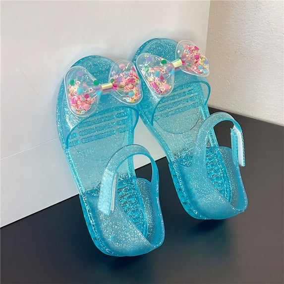 SGFCWSX Girls Jelly Sandals Kids Glitter Confetti Bow Adjustable Strap Closed Toe Summer Casual Shoes Blue Size 13 Little Kids
