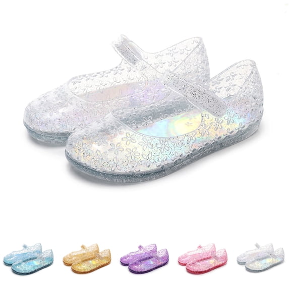 SGFCWSX Girls Jelly Shoes Glitter Mary Jane Hollow Floral Closed Toe Flat Soft Sole Princess Dress Shoes for Wedding Party Daily Wear White Size 10 Toddler