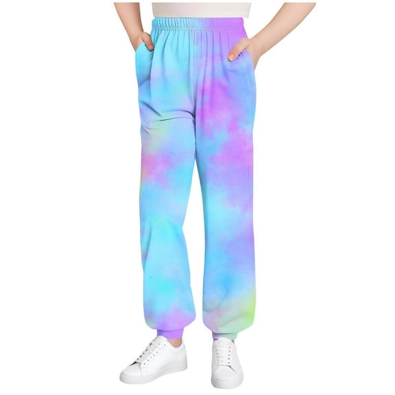 SGFCWSX Girls Jogger Pants High Elastic Waist Sweatpants for Kids Soft Tie Dyeing Pant Blue Size 5-6 Years