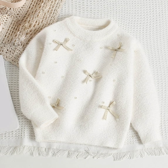 SGFCWSX Girls Knit Sweater Pullover Bow Pearl Beaded Crewneck Ribbed Trim Soft Cozy Warm Winter Top White Size 2T