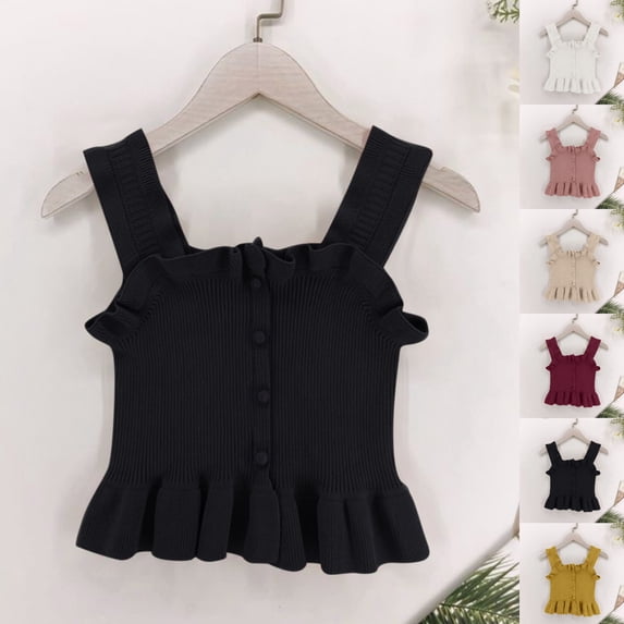 SGFCWSX Girls Knit Tank Tops Kids Ruffled Trim Button Down Sleeveless Peplum Top Black Size 2-3Years