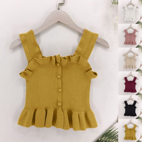 SGFCWSX Girls Knit Tank Tops Kids Ruffled Trim Button Down Sleeveless Peplum Top Yellow Size 8-9Years