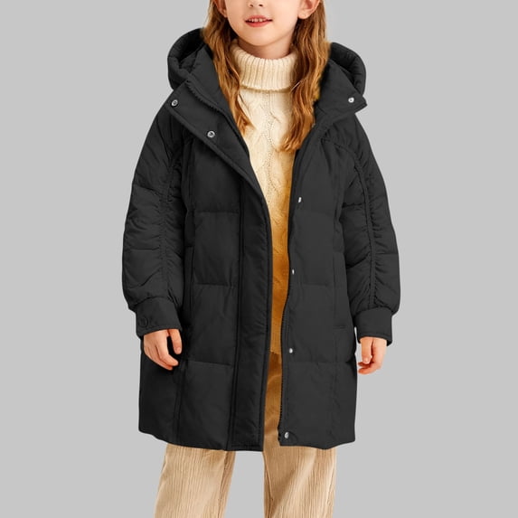 SGFCWSX Girls Long Puffer Coat Winter Jacket Hooded Button Down Ruched Sleeve Warm Insulated Windproof Outerwear Black Size 4T