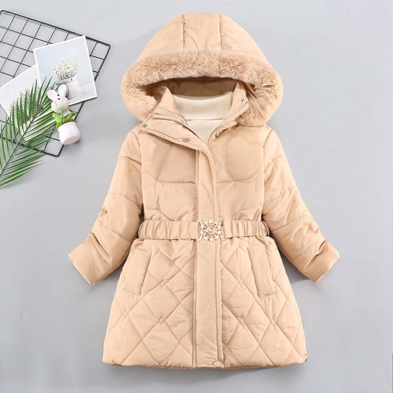 SGFCWSX Girls Long Puffer Coat Winter Jacket Hooded Faux Fur Trim Belted Quilted Warm Insulated Outerwear Beige Size 3T