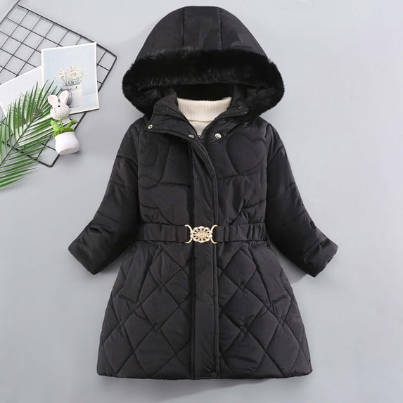 SGFCWSX Girls Long Puffer Coat Winter Jacket Hooded Faux Fur Trim Belted Quilted Warm Insulated Outerwear Black Size 4T