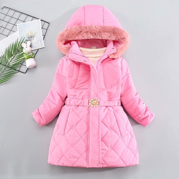 SGFCWSX Girls Long Puffer Coat Winter Jacket Hooded Faux Fur Trim Belted Quilted Warm Insulated Outerwear Pink Size 8