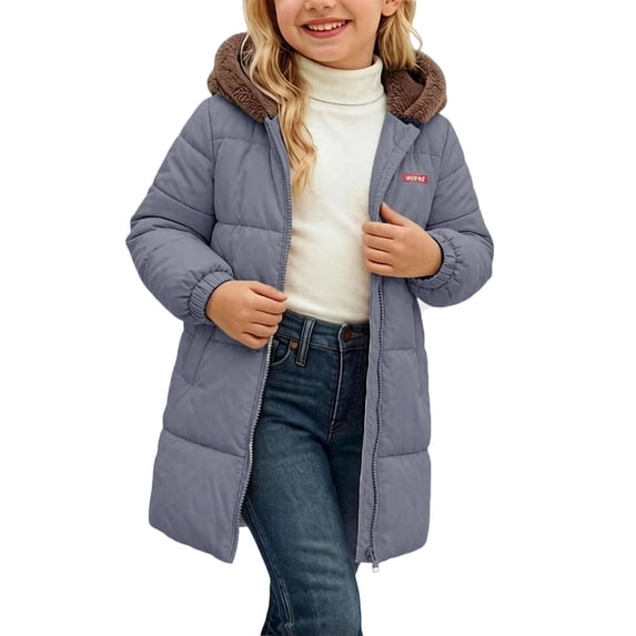 SGFCWSX Girls Long Puffer Coat Winter Jacket Hooded Faux Fur Trim Full Zip Warm Insulated Windproof School Outerwear Gray Size 12M