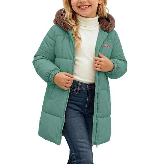 SGFCWSX Girls Long Puffer Coat Winter Jacket Hooded Faux Fur Trim Full Zip Warm Insulated Windproof School Outerwear Green Size 5T