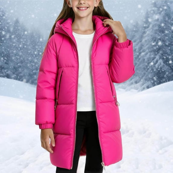SGFCWSX Girls Long Puffer Coat Winter Jacket Hooded Full Zip Warm Insulated Pockets School Outerwear Hot Pink Size 13