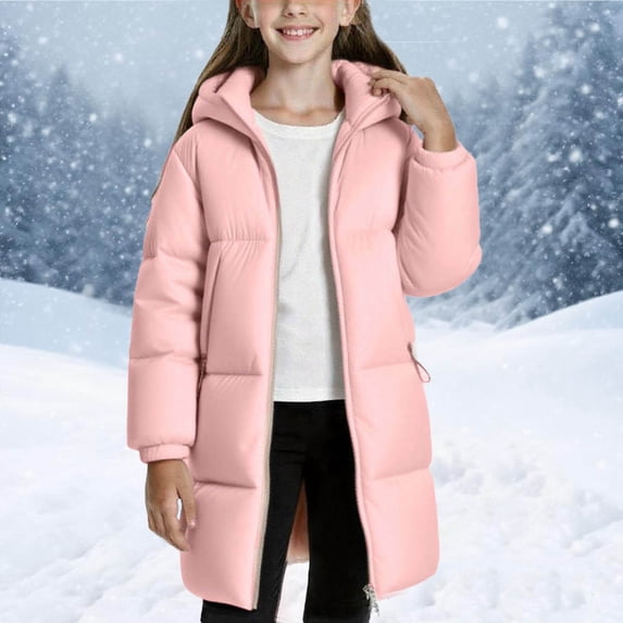 SGFCWSX Girls Long Puffer Coat Winter Jacket Hooded Full Zip Warm Insulated Pockets School Outerwear Pink Size 13