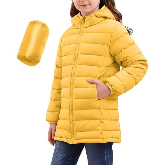 SGFCWSX Girls Long Puffer Coat Winter Jacket Hooded Lightweight Full Zip Warm Insulated School Outerwear Yellow Size 5T